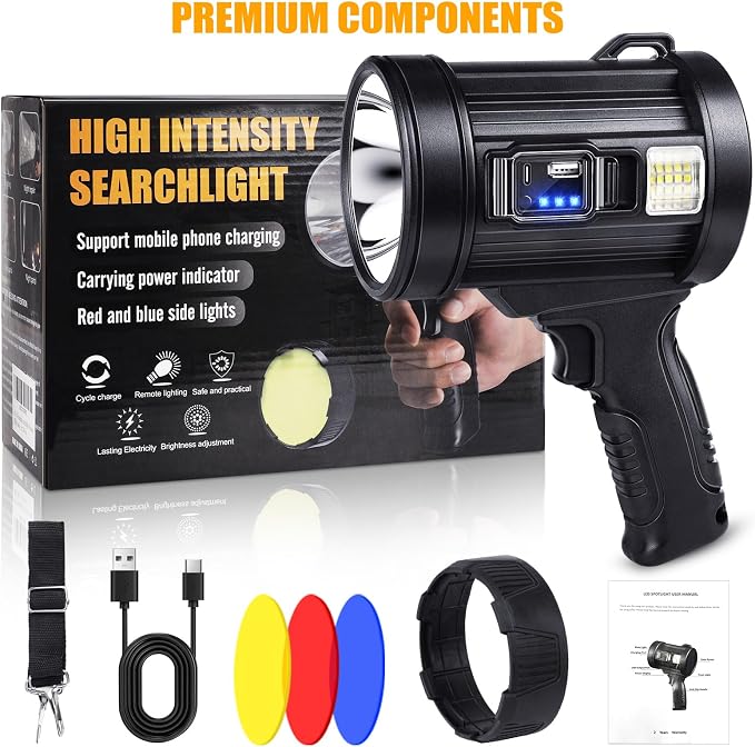 Rechargeable Spotlight, 2000000 LM Super Bright Spotlight Flashlight, Long Running Spot Light Searchlight, Outdoor Handheld LED Flashlight High Lumens with Solar Panels for Hunting Camping Boat