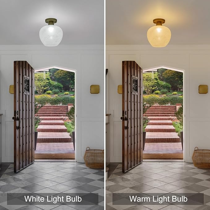 Glass Globe Semi Flush Mount Ceiling Light 9" Mid Century Modern Ceiling Light Fixture with Cloud Texture Glass Open Shade Gold Hallway Lights Fixtures for Entryway Foyer Bedroom Laundry Room