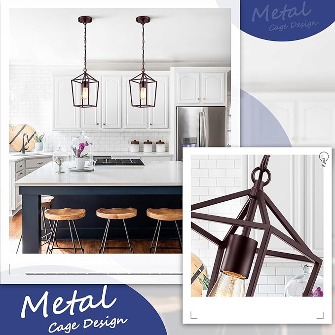 2-Pack Farmhouse Pendant Lights Kitchen Island, Pendant Light Fixtures Hanging Lamp for Dining Room, Modern Kitchen Pendant Lighting Over Island, Metal Cage Design, Brown