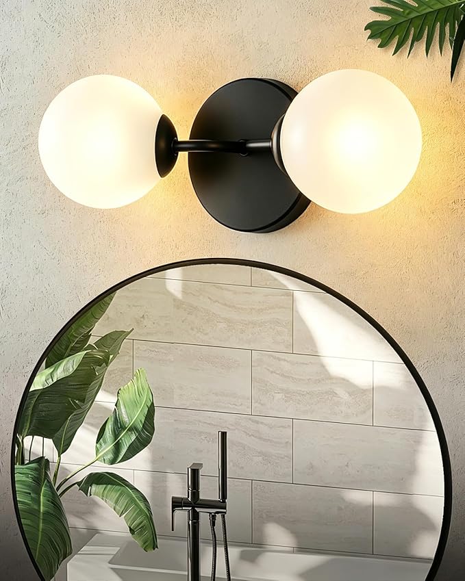 Yunnix Black Bathroom Vanity Light, Modern Globe Vanity Lighting Fixtures with Milk White Glass Shade, Mid Century Vanity Lights Wall Sconce Over Mirror for Bathroom Hallway Entryway (2 Pack)