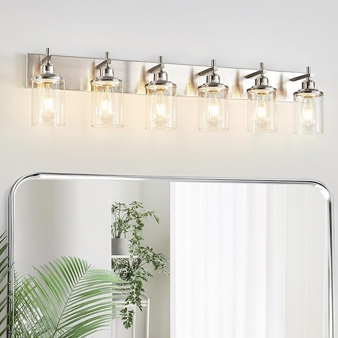 Lanhall 6-Light Brushed Nickel Bathroom Light Fixture Over Mirror Modern Bathroom Vanity Light Vintage Wall Lighting with Clear Glass Shade for Bathroom, Bedroom, Hallway, Cabinet
