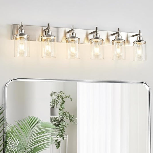 Lanhall 6-Light Brushed Nickel Bathroom Light Fixture Over Mirror Modern Bathroom Vanity Light Vintage Wall Lighting with Clear Glass Shade for Bathroom, Bedroom, Hallway, Cabinet
