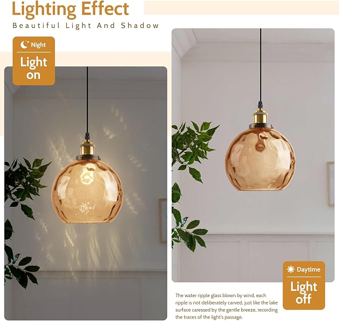 Amber Glass Plug in Pendant Light, Mid Century Gold Hanging Lamps for Living Room Bedroom, 7.8" Hammered Globe Vintage Hanging Light Fixture with Plug in Cord On/Off Switch