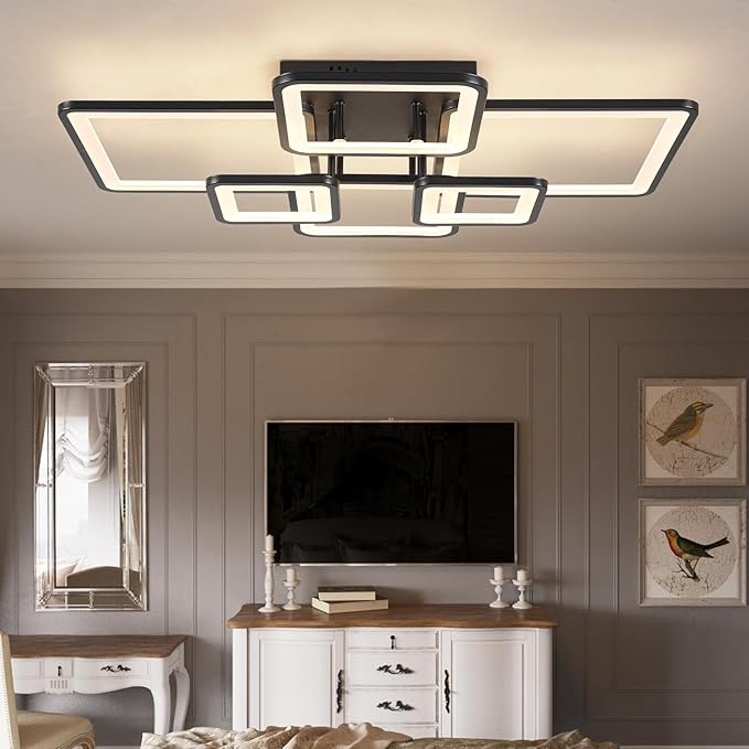 Shine LUEST Modern LED Ceiling Light Fixture Black Kitchen Lighting Fixtures Ceiling for Bedroom 31.5" Dimmable 6 Ring Square Ceiling Light for Kitchen with Remote Control for Living Room,Dining Room