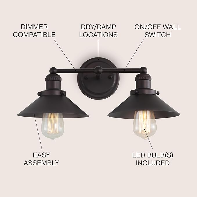 JONATHAN Y 17.5" Oil Rubbed Bronze 2-Light Industrial Farmhouse Metal Vanity Light Wall Sconce, Metal Shade for Bathroom Mirror, Kitchen, Entryway, LED Bulb Included (JYL7427A)