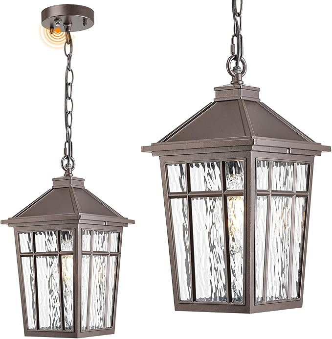 Dusk to Dawn Outdoor Hanging Lantern Lights 15.2 Inch Large Porch Pendant Lights for House Doorway Aluminum Waterproof Outdoor Pendant Light with Water Ripple Glass E26 Socket