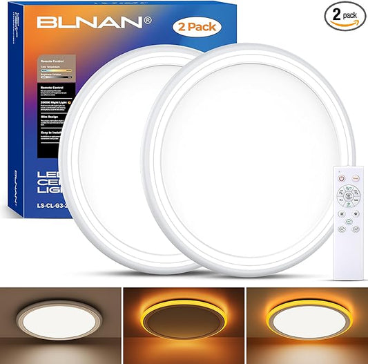 BLNAN 2Pack LED Flush Mount Ceiling Light Fixture with Night Light, 13inch 24W 2400LM 3000K/4000K/6500K Selectable, Dimmable LED Ceiling Lights for Bedroom, Dining Room, Kitchen, Round White