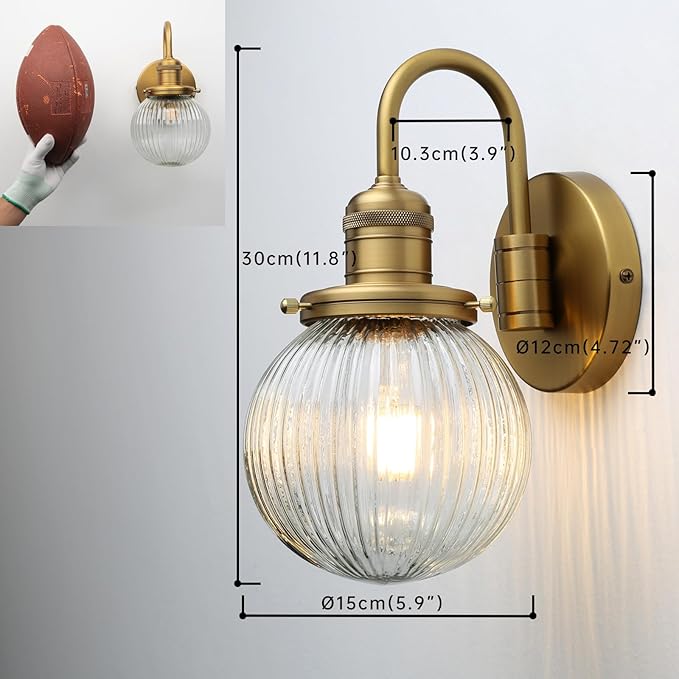 Industrial Vintage 1-Light Wall Sconce with 5.9" Round Ribbed Clear Glass Globe Lampshade, U-Shaped Indoor Wall Mounted Lamp Fixture for Bedroom Living Room Bathroom Vanity