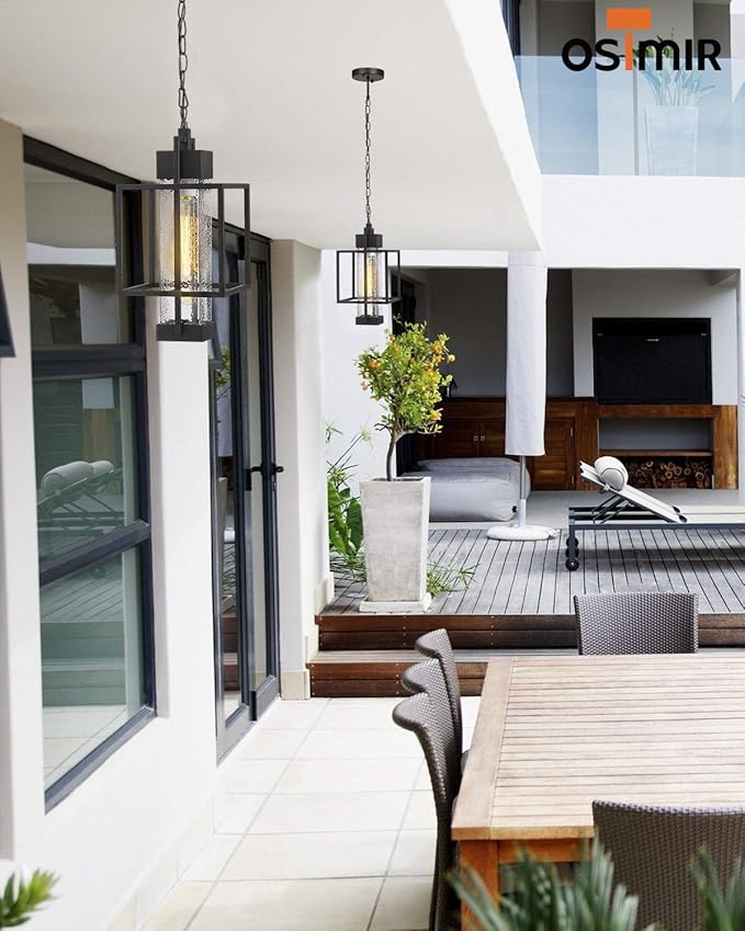 Outdoor Pendant Light, 16" 1-Light Large Hanging Porch Light Fixtures, Modern Black Outside Chandelier Lantern Lighting with Bubble Glass for Porch Gazebo Entryway, 2375/1HL