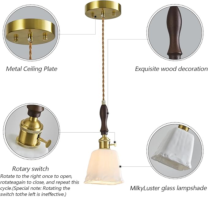 Mini Pendant Light Milky White Glass Pendant Lights Vintage Brass Pendant Lighting Kitchen Island Hanging Lamp with Wood Handle for Bedroom Dining Room (3 Pack)