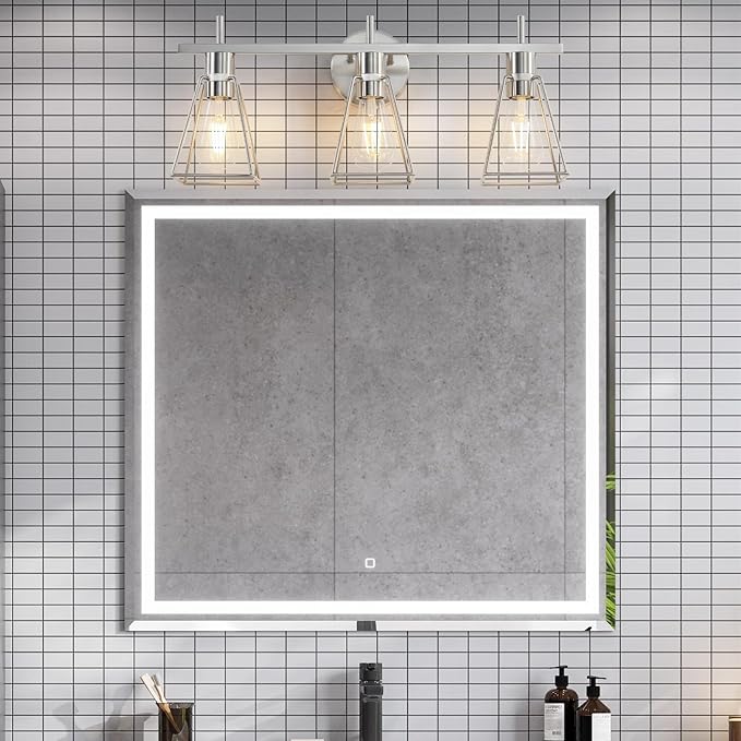 Industrial Bathroom Vanity Lights: 3-Lights Silver Brushed Nickel Vintage Metal Cage Wall Lamp - Rustic Farmhouse Light Fixture Over Mirrors Cabinet for Bath Hallway