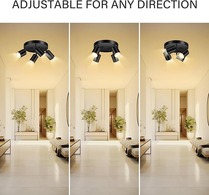 BoostArea LED 4 Light Track Lighting Kit, LED Track Lighting Fixtures, Black Round Ceiling Spot Lighting, Flexibly Rotatable Light Head for Kitchen, Living Room, Bedroom, GU10 Bulb Not Included