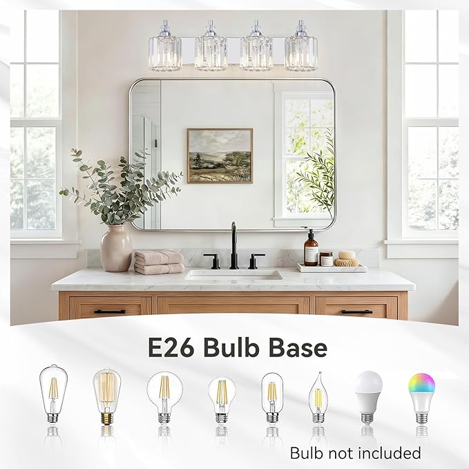 4-Light Modern Bathroom Light Fixture Chrome Bathroom Vanity Lights Over Mirror Wall Sconce Lighting with K9 Crystal Shades E26 Base for Bedroom, Living Room, Hallway, Cabinet Wall Lamp