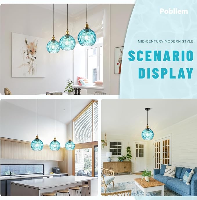Blue Pendant Light Coastal Pendant Lighting Nautical Pendant Light with 7.8" Hammered Glass Globe 1-Light Chandelier Hanging Light Fixtures Ceiling Mount for Kitchen Island Bedroom Dining Room