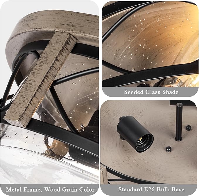 16 Inch Farmhouse Flush Mount Ceiling Light With Seeded Glass, 3-Light Wood Grain Round Lamp, Modern Large Indoor Outdoor Lighting for Kitchen Bedroom Living Dining Room