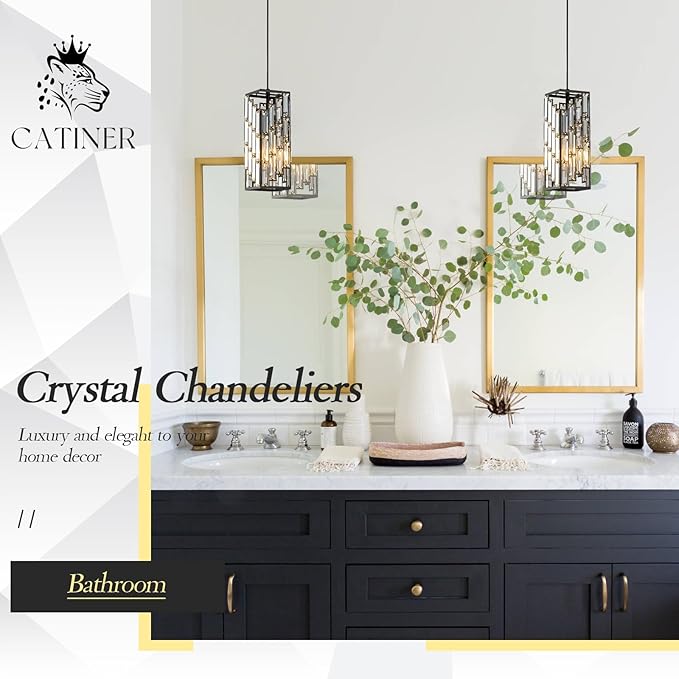 CATINER Black Crystal Pendant Light, Mini Hanging Light Fixture with Adjustable Cord, Modern Industrial Pendant Lighting for Kitchen Island, Dining Room, Bedroom, Hallway, E26 Base (1 Pack)