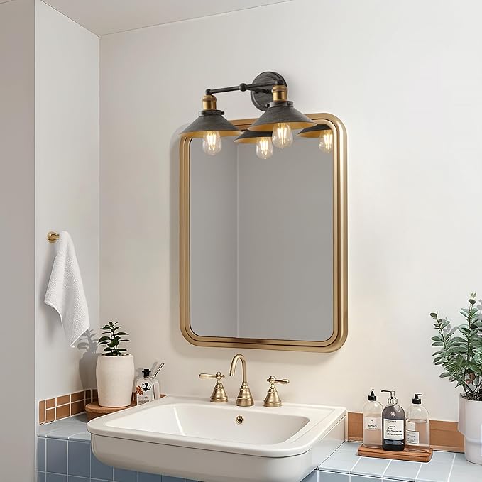 JONATHAN Y 17.5" Rustic Dark Gray/Brass Gold 2-Light Industrial Farmhouse Metal Vanity Light Wall Sconce, Metal Shade for Bathroom Mirror, Kitchen, Entryway, LED Bulb Included (JYL7427D)