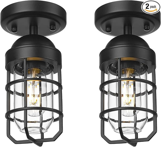 Emliviar 2 Pack Outdoor Ceiling Lights, Modern Industrial Semi Flush Light Fixtures with Clear Tempered Glass in Black Finish, GE255F-2PK BK