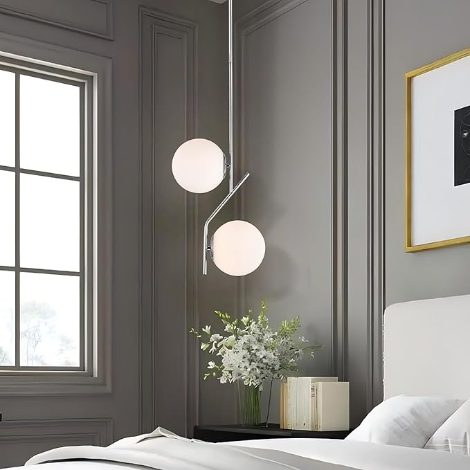 Mid Century Modern Pendant Light for Kitchen Island, 7.1 Inch Opal Glass Globe Hanging Light with Chrome Finish, Adjustable Height, E26 Base, Dining Room Ceiling Lighting