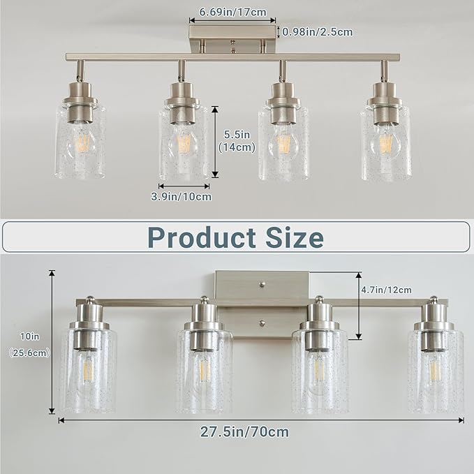 LOUSACE 4-Light Track Lighting Fixtures, Rotatable Track Heads Bathroom Vanity Light Ceiling Spotlight Brushed Nickel, Seeded Glass Shades