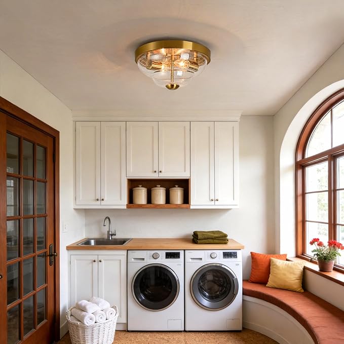 Flush Mount Ceiling Light Fixtures, 2-Light Ceiling Mount for Farmhouse with Seeded Glass Lampshade, Industrial Flush Mount Light Fixture Farmhouse for Hallway, Kitchen, Entryway,Bedroom