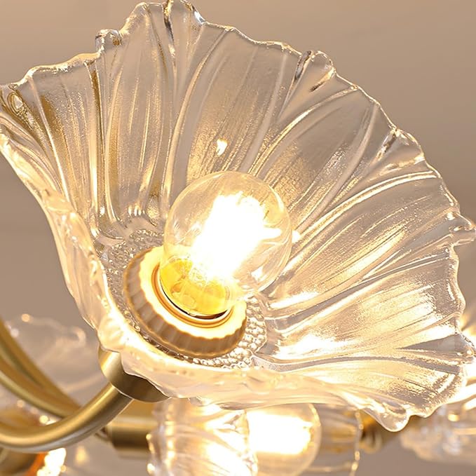 Gold Brass Ceiling Lights Fixture Semi Flush Mount Chandelier 8-Lights with Clear Glass Flower Shape Gold Mid Century Modern Ceiling Lighting for Bedroom Living Room Dining Room