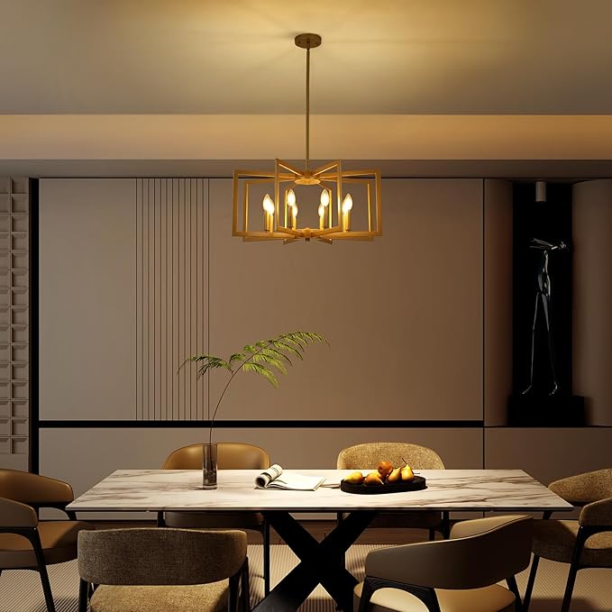 Klgxnrd 8-Light Modern Farmhouse Gold Geometric Chandelier, Large Industrial Metal Kitchen Light Fixtures, Rustic Cage Hanging Lights for Dining Room Entryway Foyer Living Room Stairway
