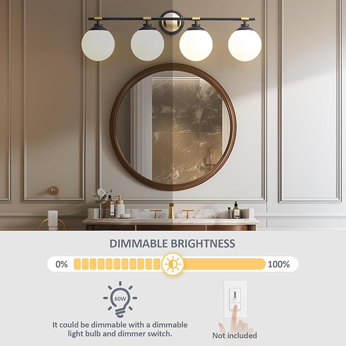 Rayogale Black Gold Bathroom Light Fixtures, ETL Certified, Modern, 4 Light Bathroom Wall Sconce, Vanity Light with Milk White Glass Shades (Bulbs Not Included) 32 Inch