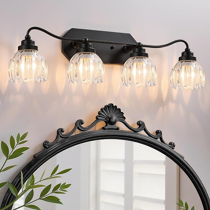 Vintage Bathroom Light Fixtures, 4 Light Bathroom Vanity Light, Black Matte Antique Brass Finish with Crystal Glass Shade, Mid Century Wall Sconces for Bedroom, Living Room, Hallway