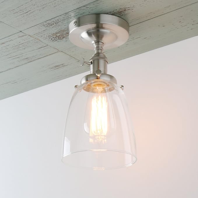 PERMO Modern Small Semi Flush Mount Ceiling Pendant Light Glass Ceiling Lights Hallway Fixtures with Flate Ribbed Glass Lampshade, 1-Light (Brushed, 292)
