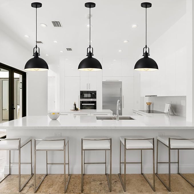 Farmhouse Pendant Lights Kitchen Island 3 Pack, Matte Black Modern Hanging Light Fixtures, Industrial Ceiling Pendant Lighting Over Sink Dining Room