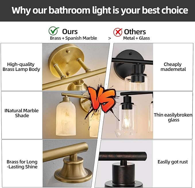 3-Light Brass Bathroom Vanity Light, 16.9 Inch Wall Sconce with Natural Marble Shades, 3-Color LED Bulbs Included, E26 Hardwired for Mirror