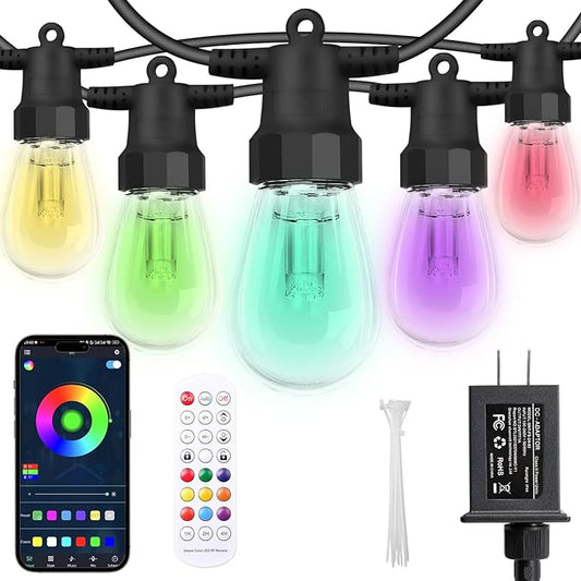 CAWWS Outdoor String Lights 50FT, Outdoor Lights for Patio with 20 Dimmable RGBW LED Bulbs, IP66 Waterproof Shatterproof, with APP Control & Remote, 24V Adapter Color Change,for Backyard Décor