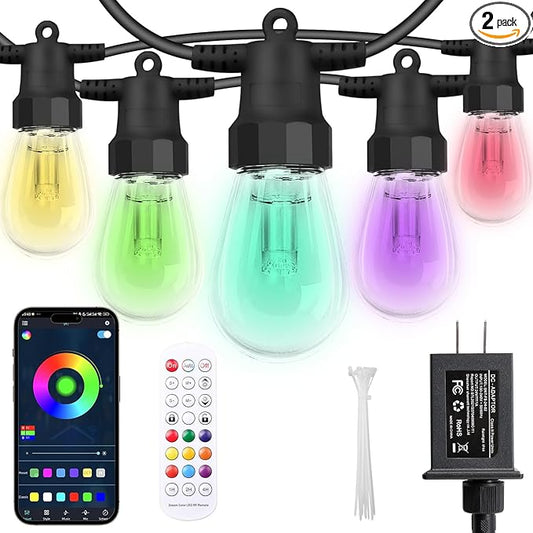 CAWWS Outdoor String Lights 100FT (2×50FT), Patio Lights with 40 Dimmable RGBW LED Bulbs, IP66 Waterproof & Shatterproof, APP & Remote Control, 24V Adapter, Color Changing Lights for Backyard Décor
