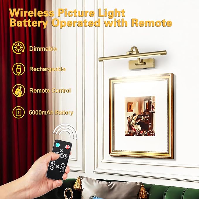 DESOOP Battery Operated Picture Light with Remote and Timer, Wireless Art Lights for Paintings Brass Rechargeable Gallery Light Dimmable Artwork Lighting for Canvas, Portrait 16'' Inch Warm White
