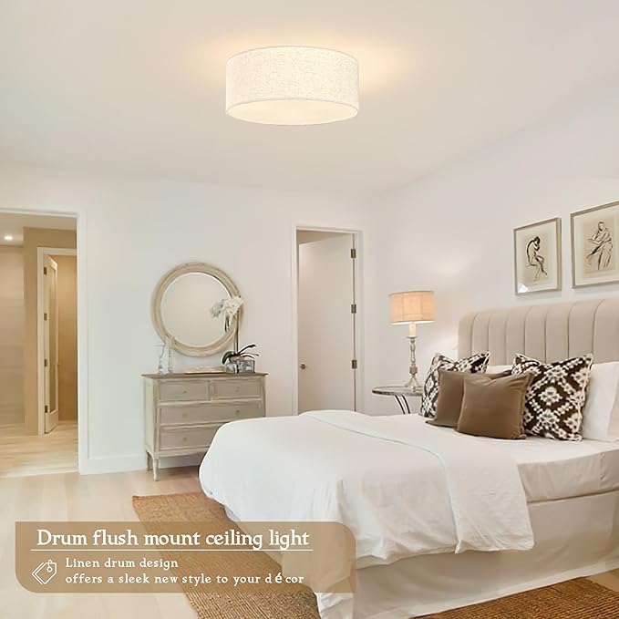 12.6 Inch Flush Mount Ceiling Light Gold Close to Lights Fixture with Fabric Shade 3-Light Drum Modern Lights for Dining Room Bedroom Hallway