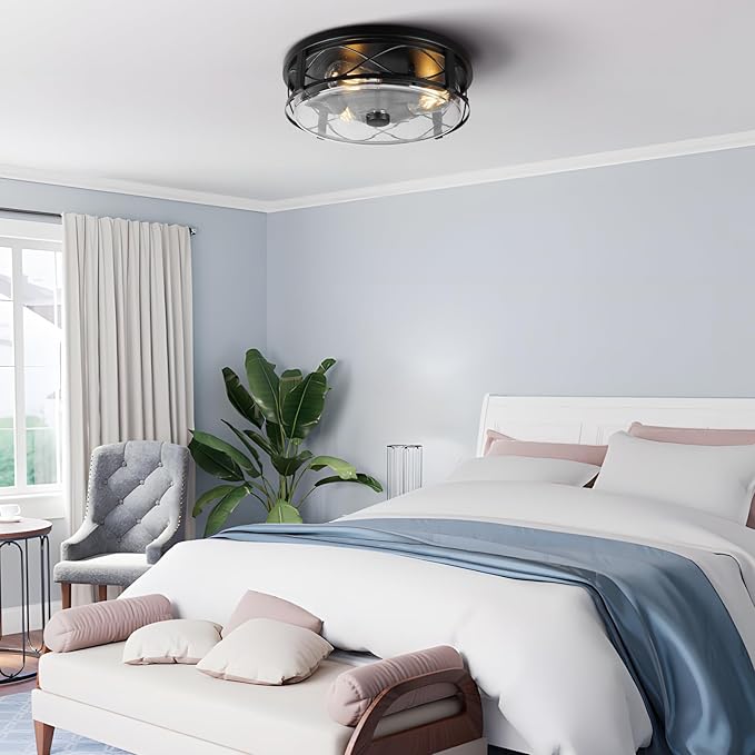 16 Inch Large Flush Mount Ceiling Light with Seeded Glass, 3-Light Black Round Ceiling Lamp, Modern Farmhouse Indoor Outdoor Ceiling Lighting for Kitchen Bedroom Living Dining Room