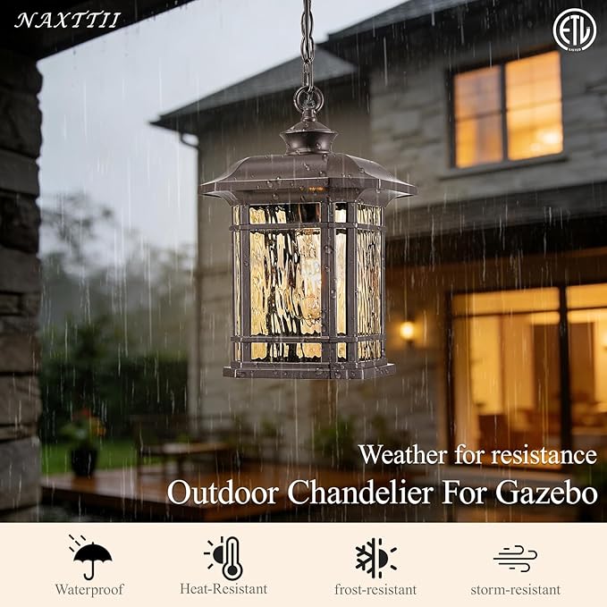 Waterproof Outdoor Hanging Lantern Light 13.8 Inch Large Outdoor Pendant Light with Adjustable Chain Dusk to Dawn Aluminum Hanging Porch Light with Water Ripple Glass E26 Socket
