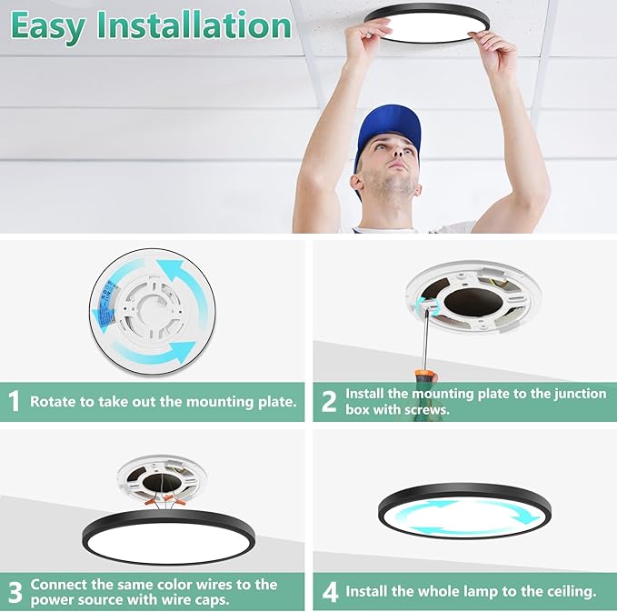 Brightever 2Pack LED Flush Mount Ceiling Light Black, 5000K Daylight White, 9 Inch 2200LM Modern Ceiling Light Fixture, 180W Equivalent, 0.67 Inch Thickness LED Ceiling Lamps for Hallway, Non-Dimmable