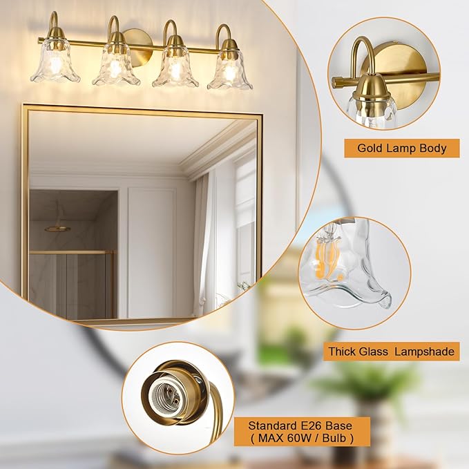 Bathroom Light Fixtures Over Mirror, 4 Lights Vintage Wall Sconces with Hammered Glass Shade, 26.8" Gold Bathroom Wall Light Fixtures for Bedroom, Porch, Hotel, Mirror Cabinet