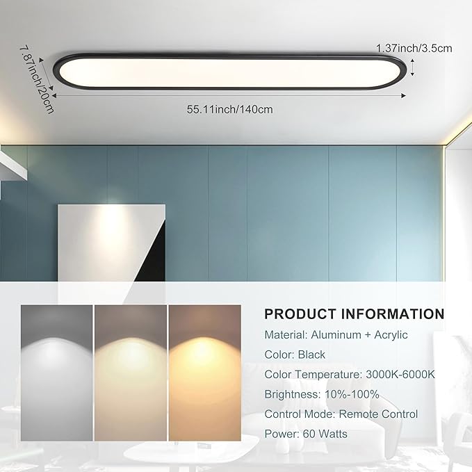 Ganeed 55.1" High Brightness Linear LED Ceiling Lamp, 60W Dimmable Low Profile Flush Mount LED Flat Panel Long Ceiling Light Fixture for Kitchen Office Laundry Shop, Black