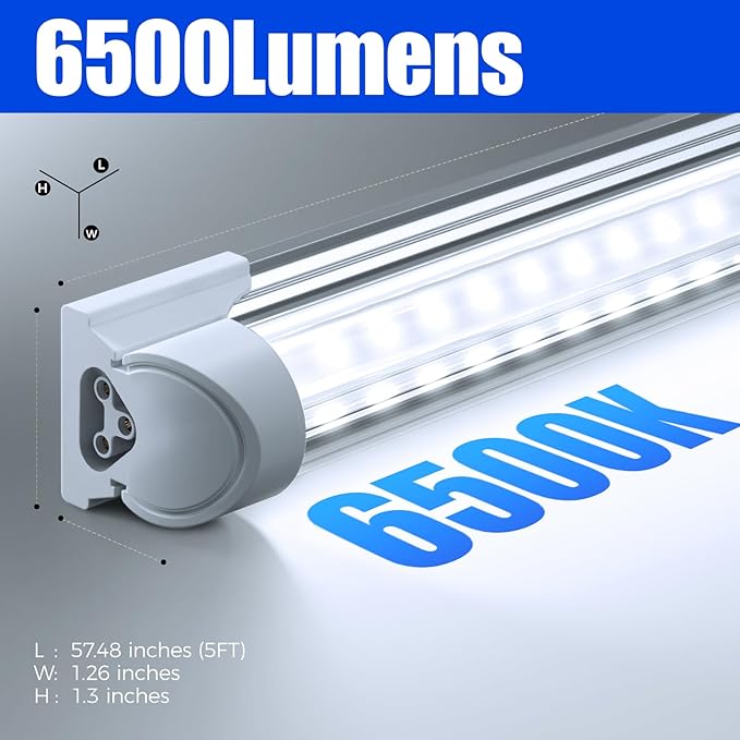 Barrina T8 LED Shop Light 5FT, 50W 6500LM 6500K, Clear Cover, Garage LED Lights Ceiling, V-Shape LED Light Fixture, Work Shop LED Lights for Garage, Warehouse, Basement, ETL Listed, 10 Packs