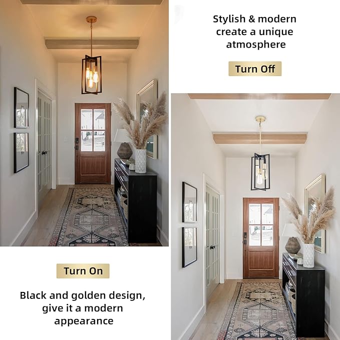 Industrial Farmhouse Pendant Lights,Rectangle 3-Light Modern Black and Golden Chandelier,Geometric Metal Cage Adjustable Rods Pendant Lighting Fixture for Kitchen Island Dining Room Living Room Foyer