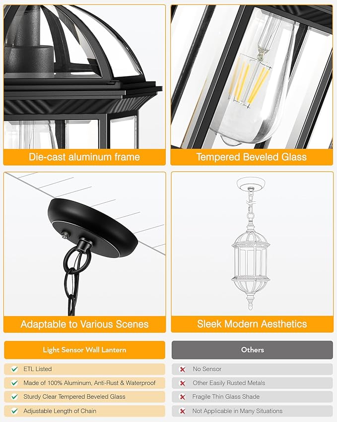 VIANIS 20" Large Dusk to Dawn Outdoor Hanging Lights, Black Outside Pendant Light, Waterproof Exterior Ceiling Lights for Patio, Porch, Entryway, Anti-Rust Adjustable Length Chandelier, Hardwired