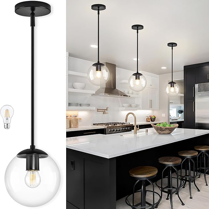 Bagood 8 Inch Black Mid Century Pendant Light Globe Clear Glass Fixture Lights Kitchen Island Globe Pendant Light Mid Century Adjustable Hanging Farmhouse Lights Fixtures for Kitchen Island