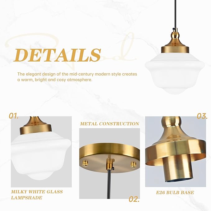 Bagood 2 Pack 8" Gold Schoolhouse Light Fixture Milk Glass Pendant Light Schoolhouse Pendant Light Milk Glass Light Fixture Mid Century Modern Light Fixture for Bedroom Bathroom Kitchen (Bulb Incl.)