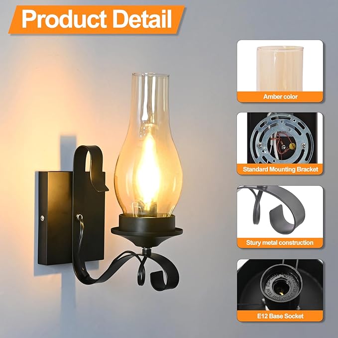 Rustic Wall Sconces Sets of 2, Black Hardwired Farmhouse Wall Sconce Indoor, Retro Wall Lamps with Amber Glass, Vintage Bedside Sconces Wall Lighting Lantern for Living Room Bathroom