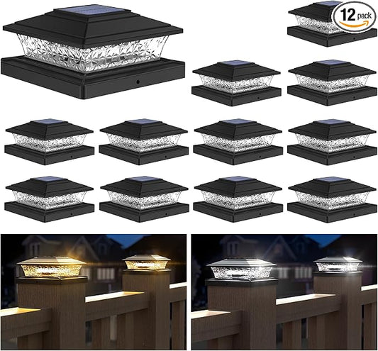 APONUO Solar Post Lights Outdoor, 2 Lighting Modes 16 LEDs Solar Post Cap Lights for 4x4 5x5 6x6 Vinyl Wooden Posts Waterproof Fence Post Lights Solar Powered for Deck/Fence/Porch (Black,12 Pack)