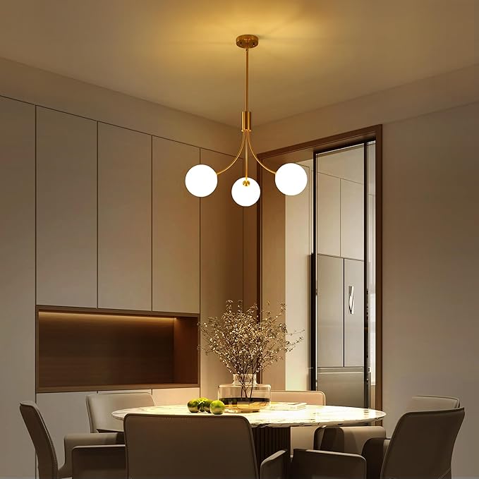 CNRATYE 3-Light Modern Farmhouse Gold Chandeliers for Dining Room, Mid Century Pendant Lights Kitchen Island, Globe Sputnik Chandelier for Entryway Living Room Bedroom Office Bathroom