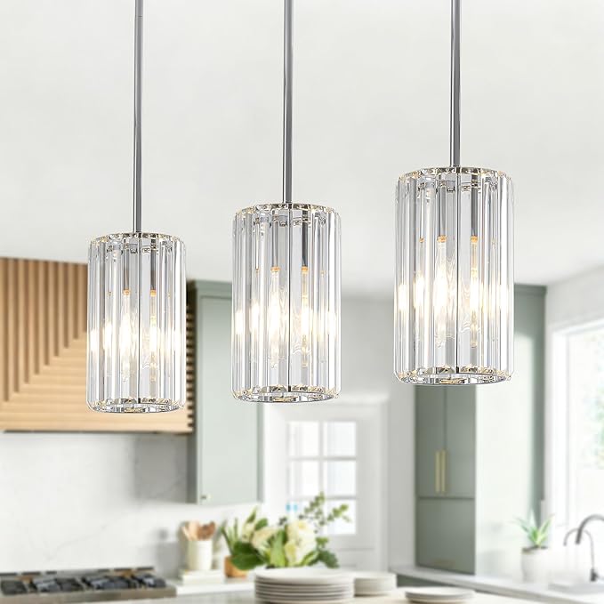 3 Pack Chrome Modern Pendant Lights Mini Chandelier Kitchen Island Pendant Lights Hanging Light Fixtures Adjustable Crystal Chandelier Fixture for Island Dining Room Hallway Bedroom